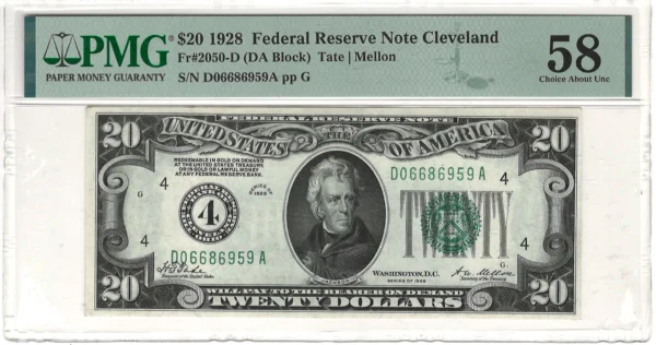 $20 1928 Federal Reserve Note Cleveland PMG Choice About Uncirculated 58 Fr#2050-D