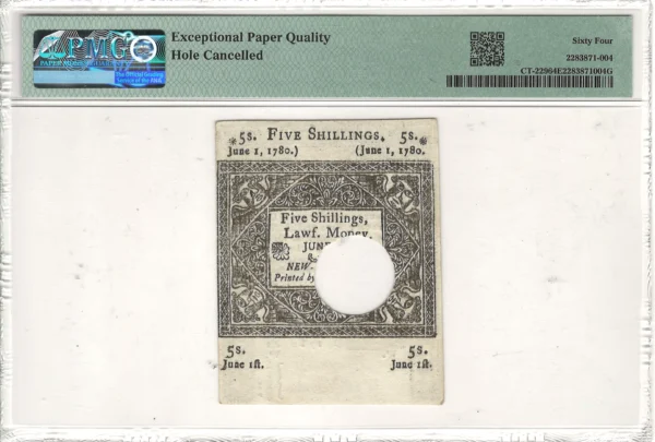 Connecticut Colonial Note 5 Shillings PMG Choice Uncirculated 64 EPQ Fr#CT-229 June 1, 1780 - Image 2