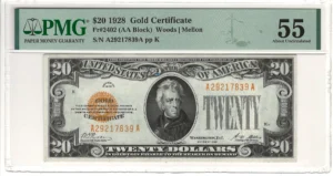 $20 1928 Gold Certificate Note PMG About Uncirculated AU55 Fr#2402