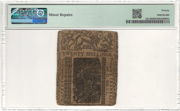 Delaware Colonial Note 20 Shillings PMG Very Fine 20 Fr#DE-60 May 1, 1758 - Image 2