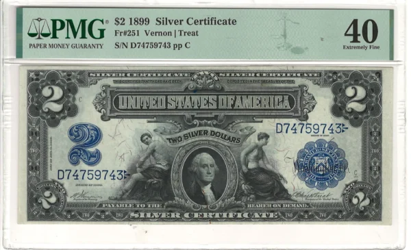 $2 1899 Mini Porthole Large Silver Certificate PMG Extremely Fine XF40 Fr#251