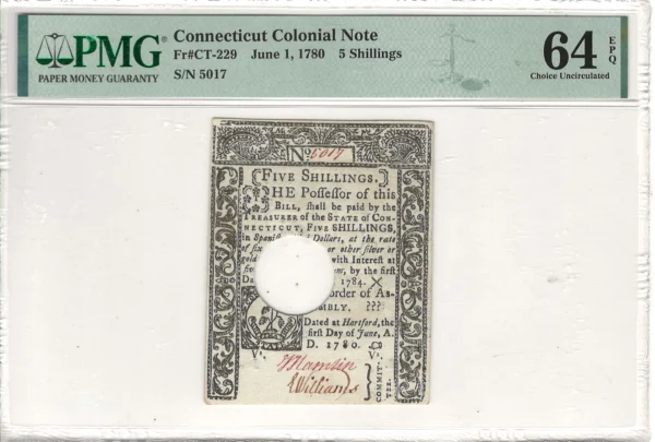 Connecticut Colonial Note 5 Shillings PMG Choice Uncirculated 64 EPQ Fr#CT-229 June 1, 1780